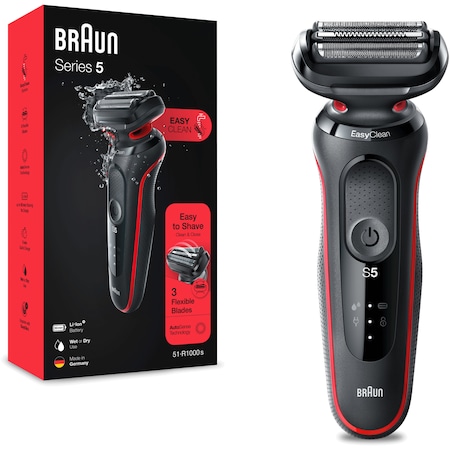Braun Series 5 51-R1000s roșu cu negru — aparat de ras electric cu folie accesibil, wet and dry, cu AutoSense și EasyClean