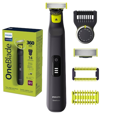Philips OneBlade Pro negru — aparat hibrid de ras și tuns barbă wet and dry, cu pieptene de precizie cu 14 lungimi