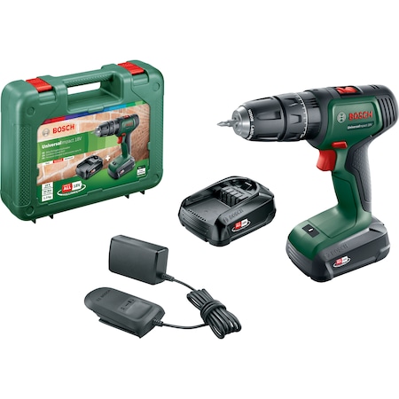 Bosch UniversalImpact 18 verde — bormașină cu percutie pentru bricolaj casnic, 18V, 2 acumulatori și valiză